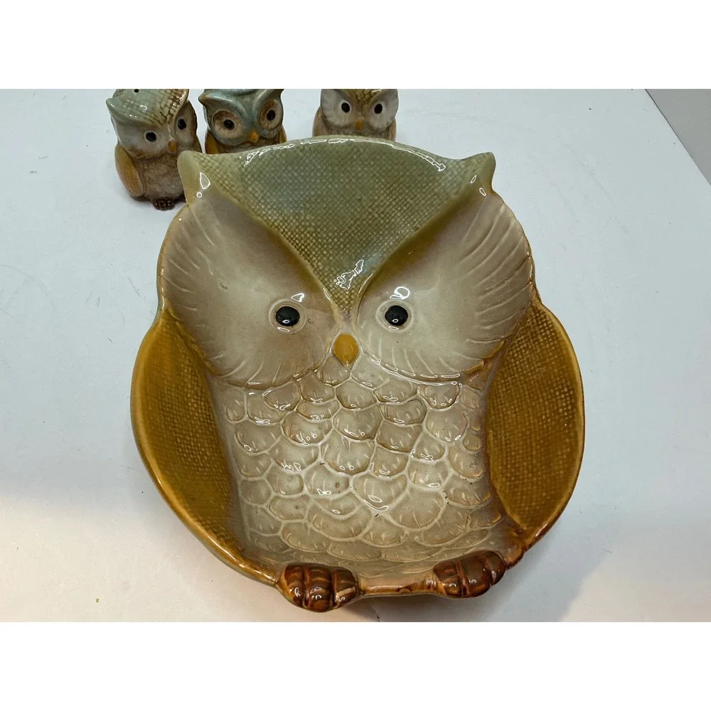 Vintage Owl Serving Bowl‎ Salt Pepper Shaker Toothpick Holder Set Brown Green